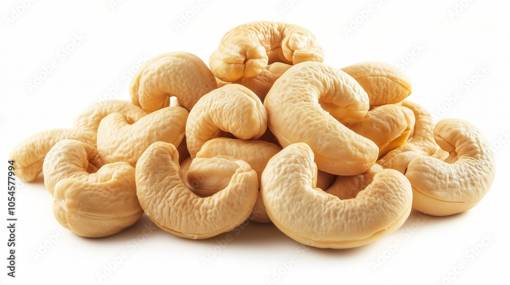 Raw cashews piled on a white background with copy space Raw cashews piled on a white background with copy space