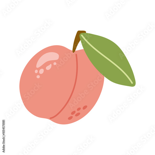 Summer juicy peach with leaf. Hand drawn cartoon fruit illustration.