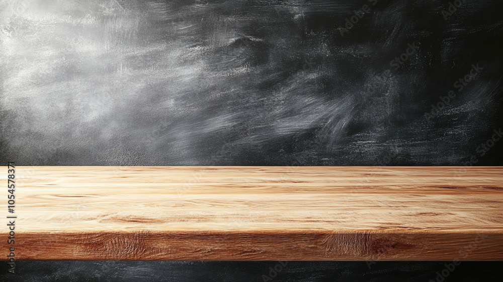 Light wooden countertop on a background of a blackboard in a classroom. Neutral product mockup for school-related displays. Horizontal social media banner with copy space Light wooden countertop on a background of a blackboard in a classroom. Neutral product mockup for school-related displays. Horizontal social media banner with copy space