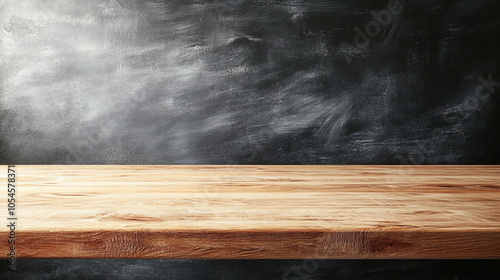 Light wooden countertop on a background of a blackboard in a classroom. Neutral product mockup for school-related displays. Horizontal social media banner with copy space