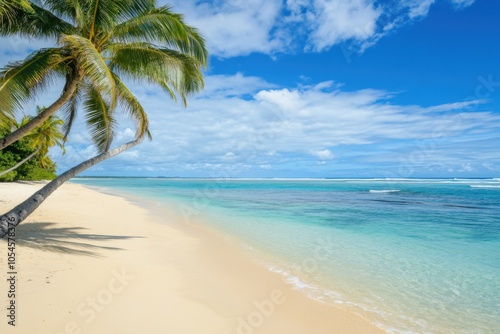 A serene tropical beach with palm trees and turquoise waters, Beach scene, Tropical style