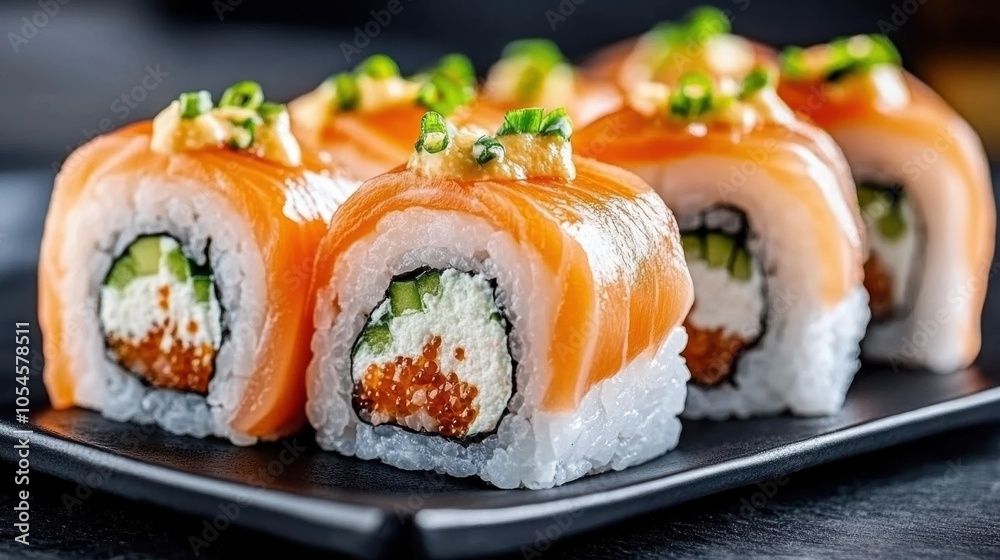 Delicious sushi rolls topped with fresh salmon and garnished with green onions, AI Delicious sushi rolls topped with fresh salmon and garnished with green onions, AI