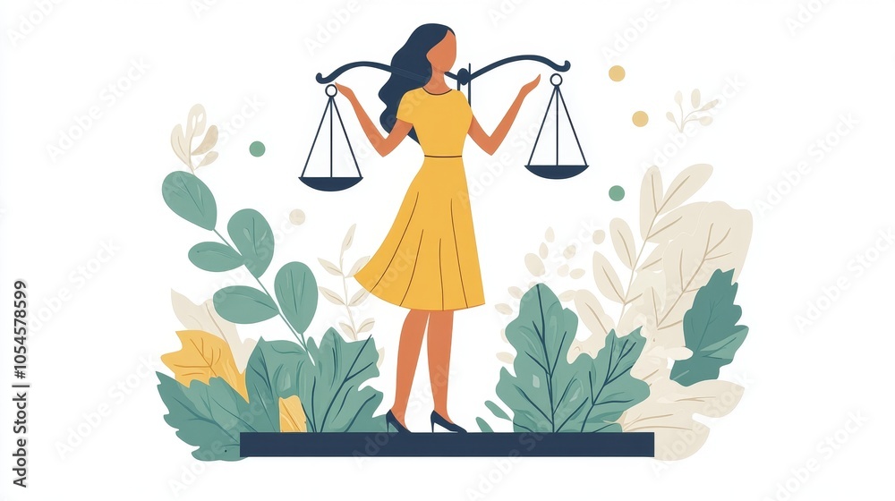 A woman in a yellow dress holding scales of justice, surrounded by various green leaves and plants A woman in a yellow dress holding scales of justice, surrounded by various green leaves and plants