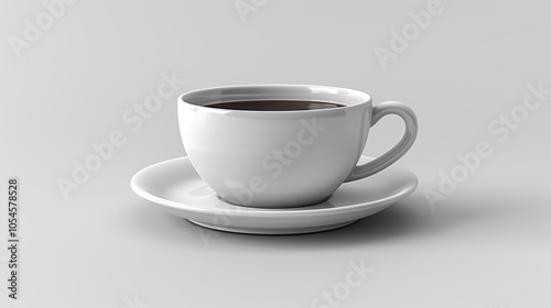 A white ceramic coffee cup and saucer with coffee on a white background.