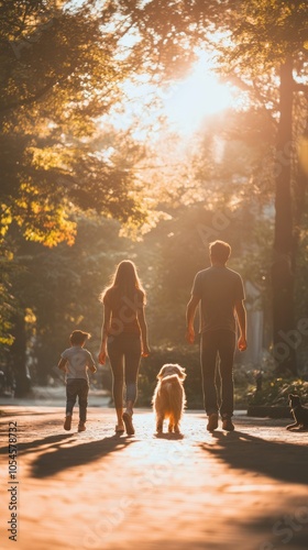 Family Walking in Nature at Sunset with Dog