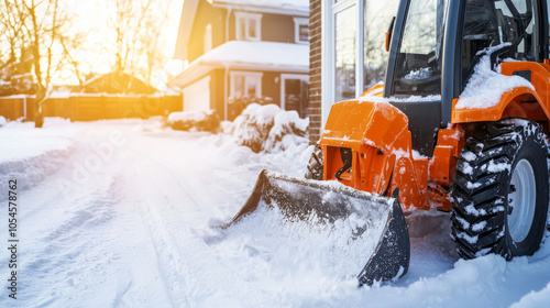 snowblower with bright orange body is parked in snowy driveway, surrounded by residential area. warm sunlight creates serene winter atmosphere