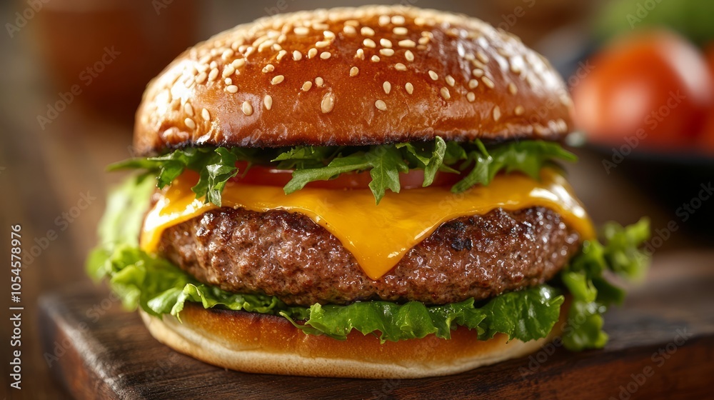 Juicy Cheeseburger with Fresh Lettuce and Tomato on a Wooden Table Juicy Cheeseburger with Fresh Lettuce and Tomato on a Wooden Table