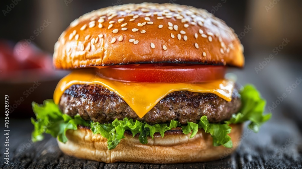 Juicy Cheeseburger with Fresh Lettuce and Tomato on Wooden Table Juicy Cheeseburger with Fresh Lettuce and Tomato on Wooden Table