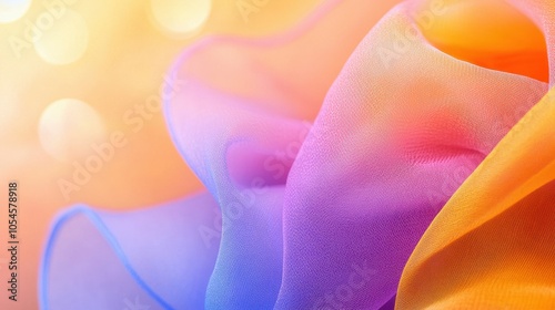 Colorful sheer fabric with a soft gradient of orange, pink, and blue hues, AI