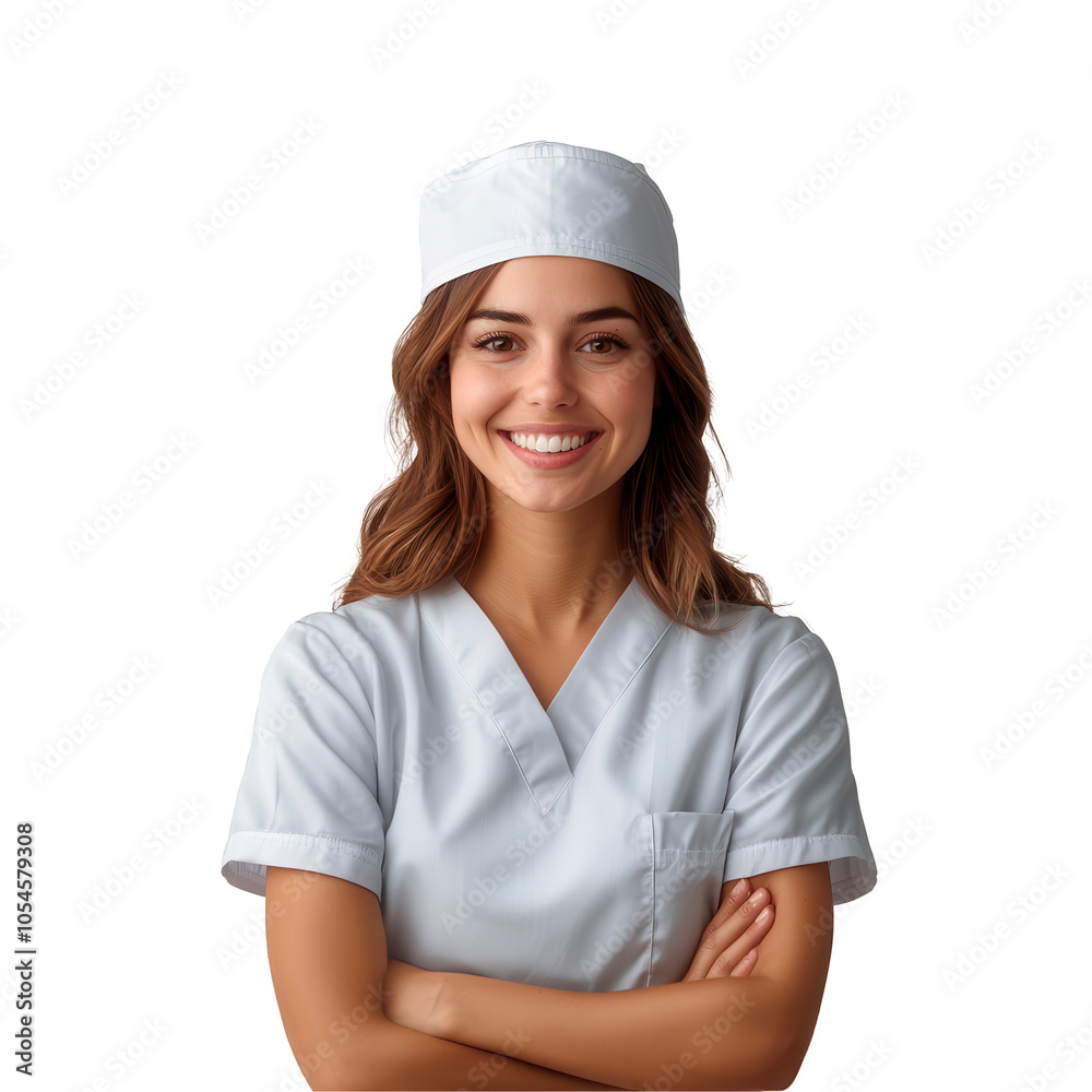 Smiling medical professional in scrubs, confident and approachable demeanor, arms crossed, ready for duty in healthcare. Isolated on white background or PNG Smiling medical professional in scrubs, confident and approachable demeanor, arms crossed, ready for duty in healthcare. Isolated on white background or PNG