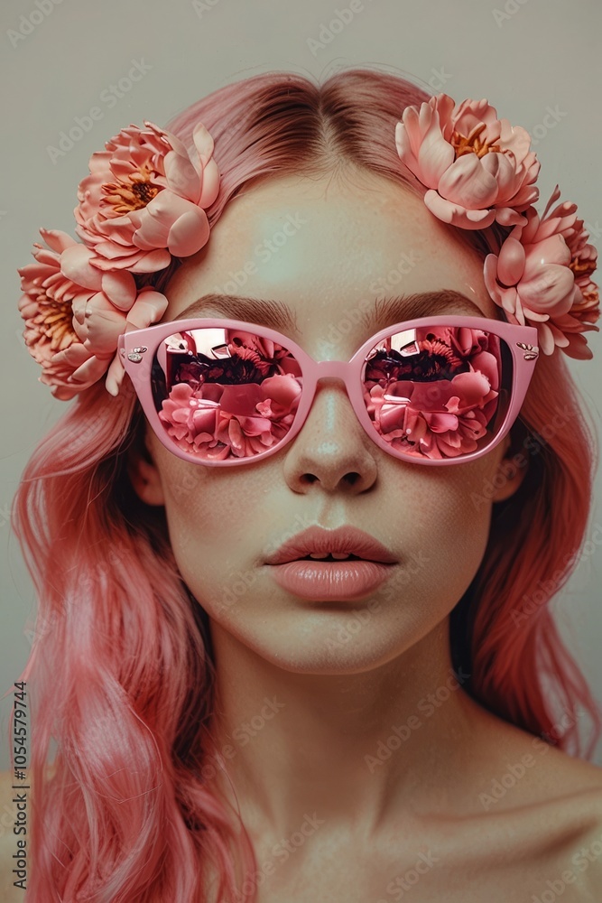 Luxury Fashion Model Portrait with Pink Peonies and Metallic Sunglasses Luxury Fashion Model Portrait with Pink Peonies and Metallic Sunglasses