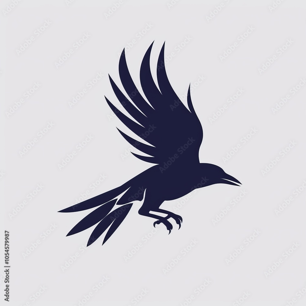 Silhouette of a crow in flight with wings spread wide against a light gray background.