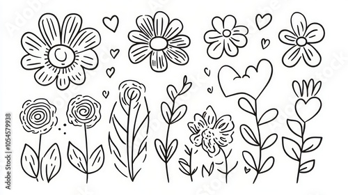 Hand-Drawn Floral Doodles with Hearts photo