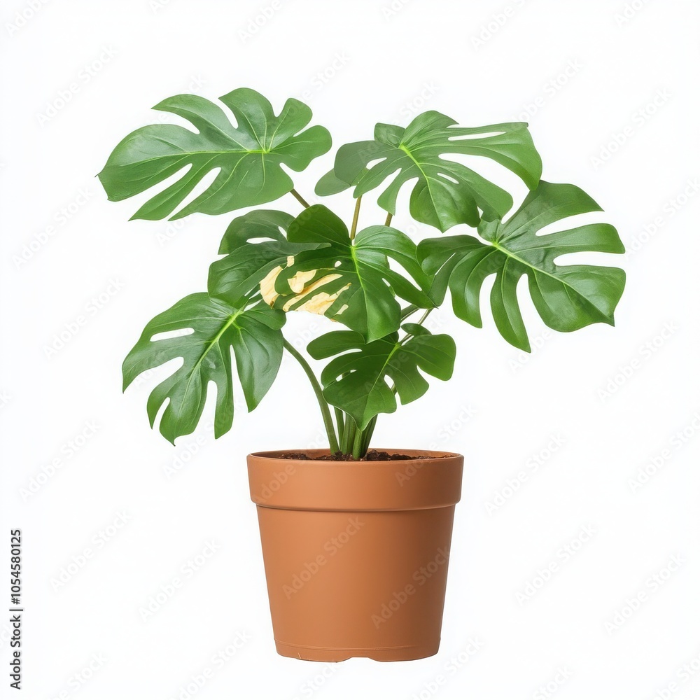 Obraz premium Monstera plant in a brown pot, white isolated background.