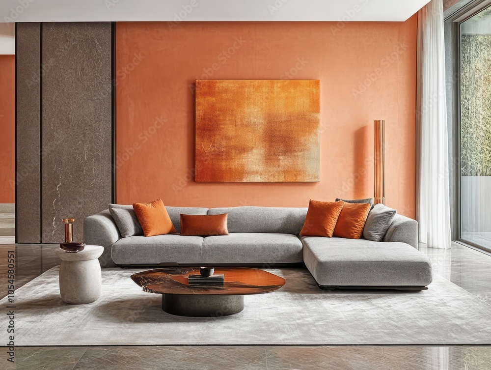 Modern minimalist family room with peach walls, sharp-edged gray furniture, and metallic accents for a polished, refined look Modern minimalist family room with peach walls, sharp-edged gray furniture, and metallic accents for a polished, refined look