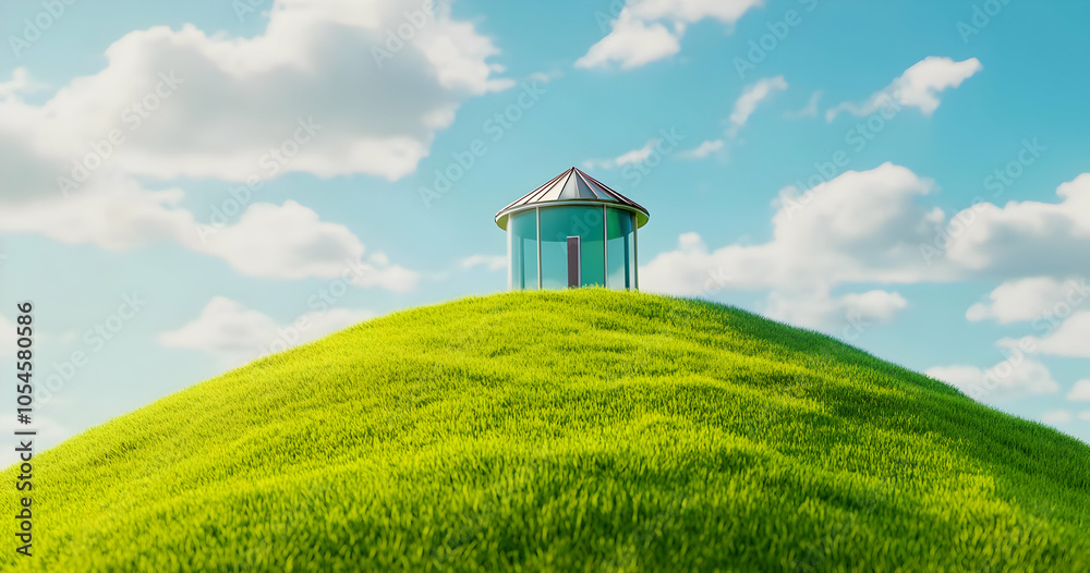 A modern glass structure atop a grassy hill under a bright blue sky with fluffy clouds. A modern glass structure atop a grassy hill under a bright blue sky with fluffy clouds.