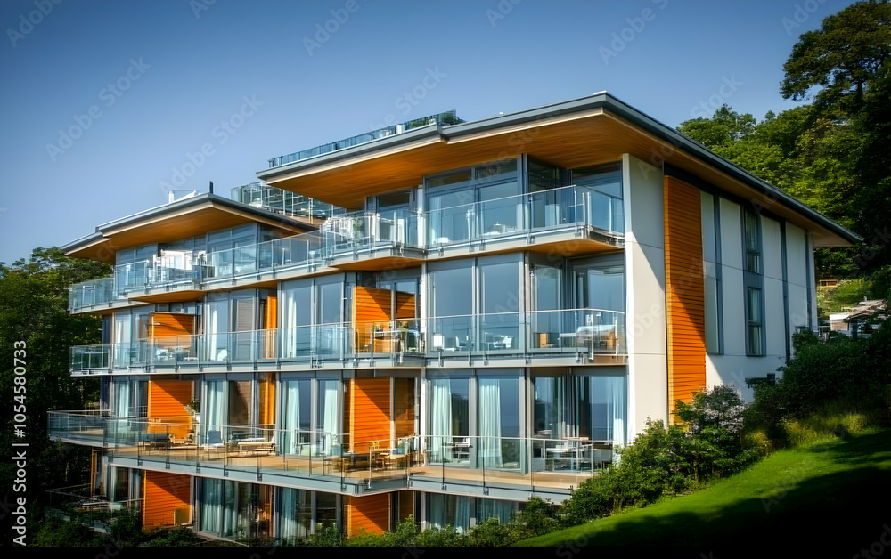 Modern multi-story building with glass balconies and wooden accents surrounded by greenery. Modern multi-story building with glass balconies and wooden accents surrounded by greenery.