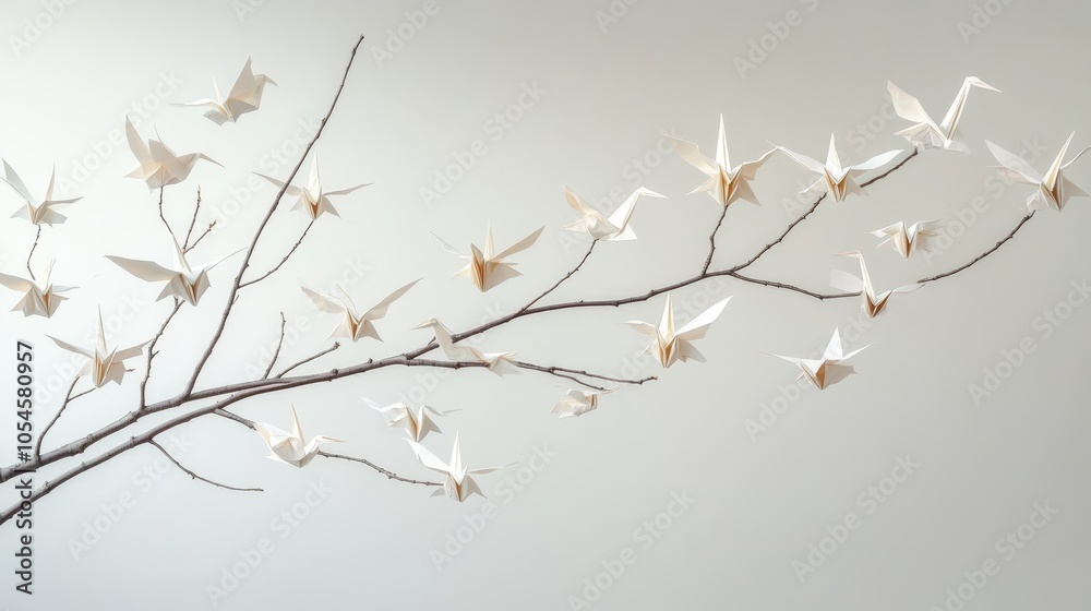 A minimalistic display of tree branches adorned with white origami cranes against a light background A minimalistic display of tree branches adorned with white origami cranes against a light background