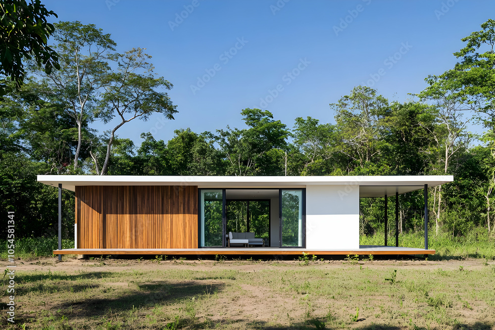 Modern house design surrounded by greenery, showcasing minimalistic architecture.