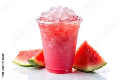 Watermelon agua fresca, pink with crushed ice, plastic cup, isolated white