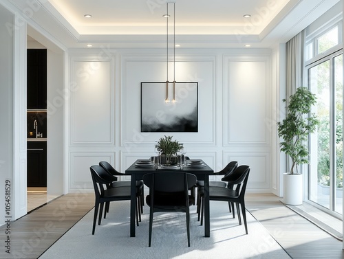 Wallpaper Mural Monochrome dining room design with plain white walls and a black wooden table Torontodigital.ca