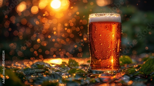 Refreshing Cold Beer in a Glass. Pint of Beer on a Background of Golden Sunset and Green Hop, with copy space photo