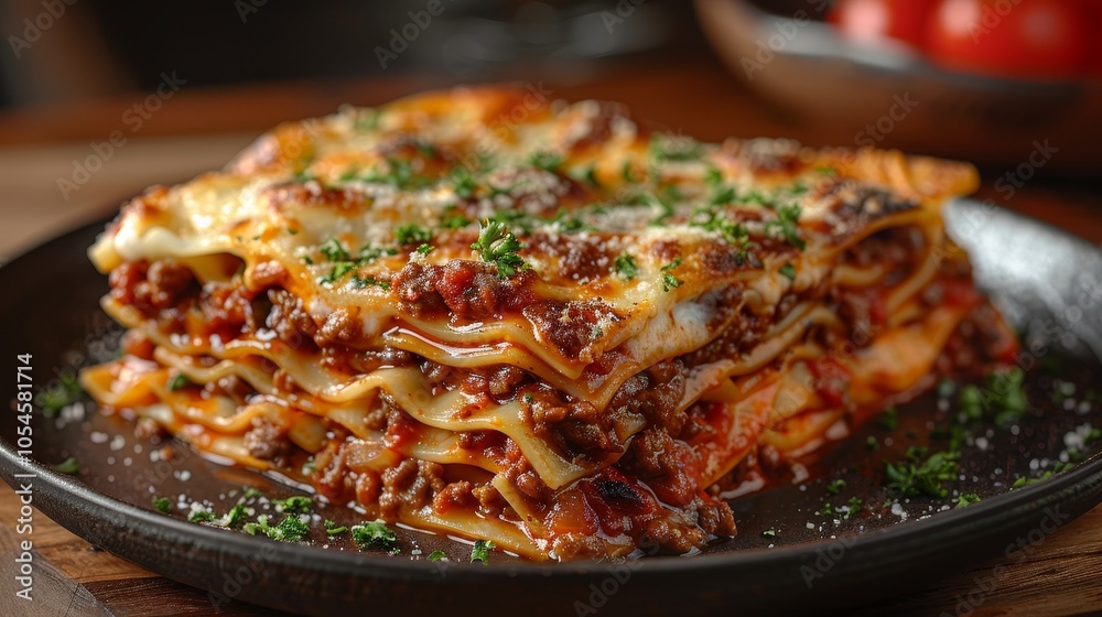 Classic Lasagna Delicious Layers of Pasta, Meat Sauce, and Cheese, Garnished with Parsley Classic Lasagna Delicious Layers of Pasta, Meat Sauce, and Cheese, Garnished with Parsley