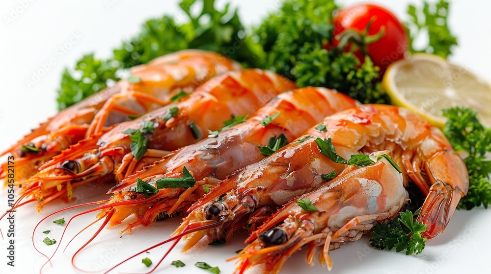 Grilled Giant Freshwater Prawns with Lemon and Parsley on White Background. Seafood Dish Grilled Giant Freshwater Prawns with Lemon and Parsley on White Background. Seafood Dish