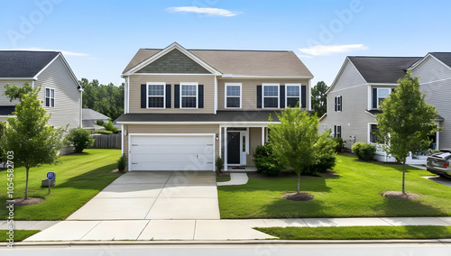 A suburban house with a well-maintained lawn and driveway.