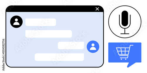 Chat window with user icons, voice search icon, shopping cart icon for seamless customer support and shopping. Ideal for e-commerce, customer service, online shopping, AI chatbots, virtual