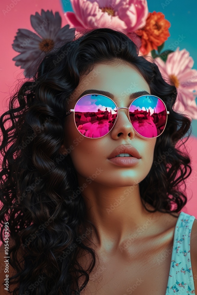Luxury Fashion Model Portrait with Pink Peonies and Metallic Sunglasses Luxury Fashion Model Portrait with Pink Peonies and Metallic Sunglasses