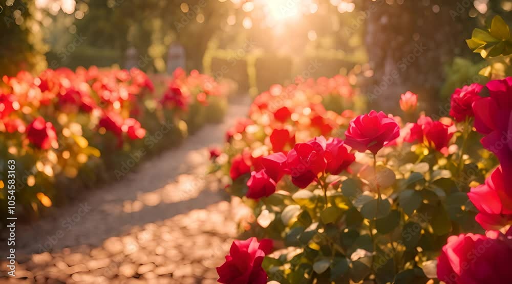 Roses with a bright red color in a beautiful plantation, glistening with morning dew, surrounded by lush green leaves Roses with a bright red color in a beautiful plantation, glistening with morning dew, surrounded by lush green leaves