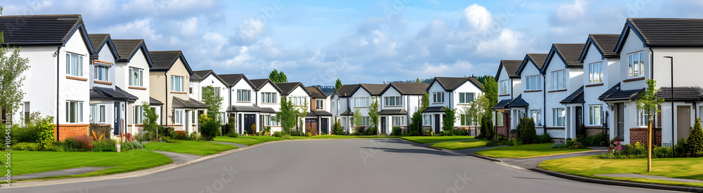 A serene suburban neighborhood with modern houses lining a quiet street. A serene suburban neighborhood with modern houses lining a quiet street.