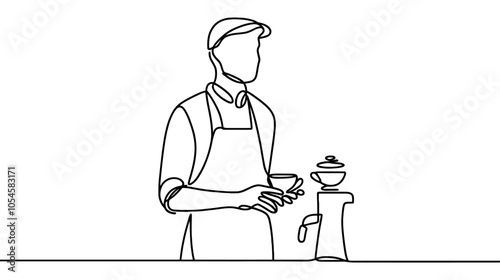 One continuous line illustration of a barista, isolated on white background.