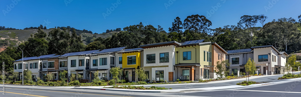 Modern residential buildings with solar panels in a landscaped setting. Modern residential buildings with solar panels in a landscaped setting.