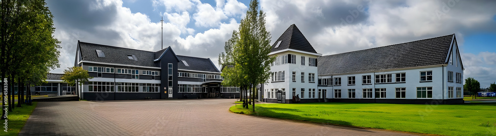 A modern building complex with a landscaped area and cloudy sky. A modern building complex with a landscaped area and cloudy sky.
