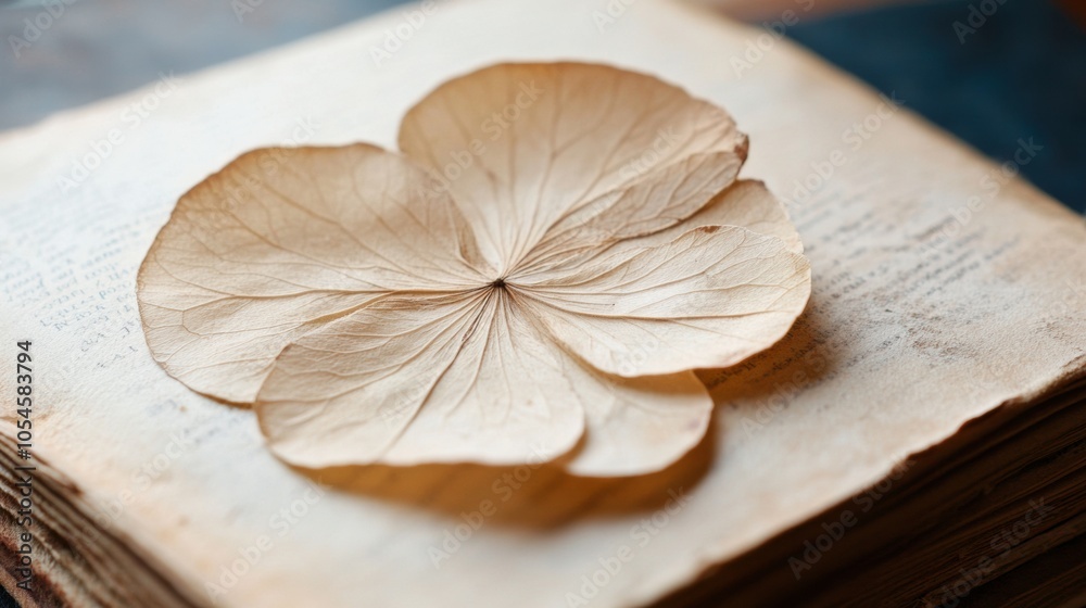 Dried hydrangea petal rests on an aged book, evoking nostalgia and timeless beauty, AI Dried hydrangea petal rests on an aged book, evoking nostalgia and timeless beauty, AI