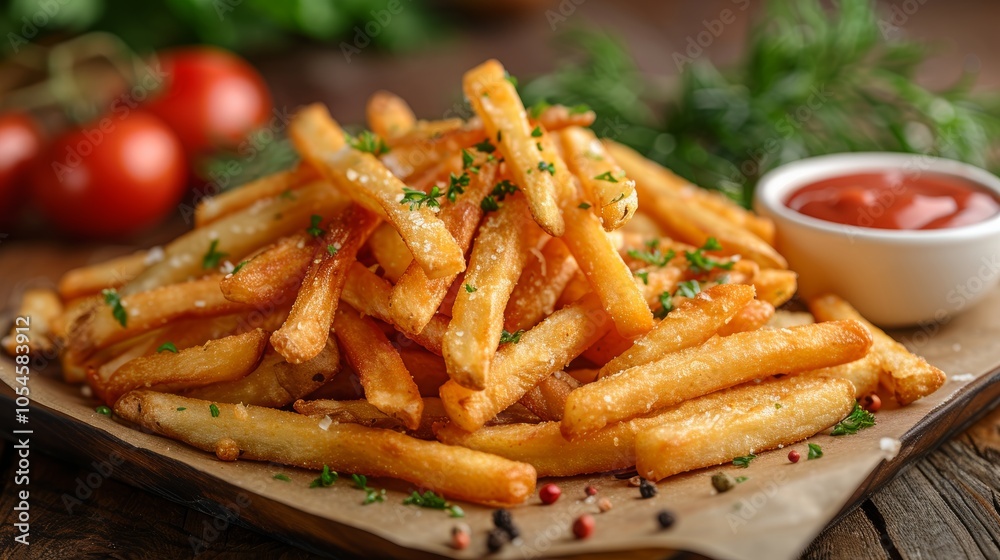Crispy French Fries With Herbs. Pile Of Golden Potatoes With Ketchup on Wooden Background Crispy French Fries With Herbs. Pile Of Golden Potatoes With Ketchup on Wooden Background
