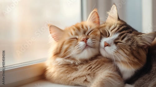 Two fluffy cats snuggle by a sunlit window, enjoying a peaceful nap together, AI