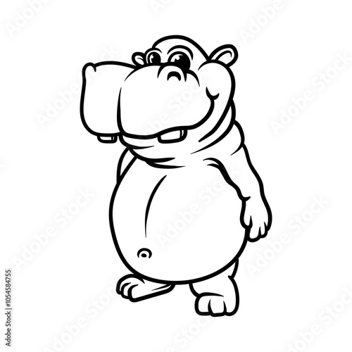 fun fat hippo drawing coloring line art style sketch classic vintage design illustration