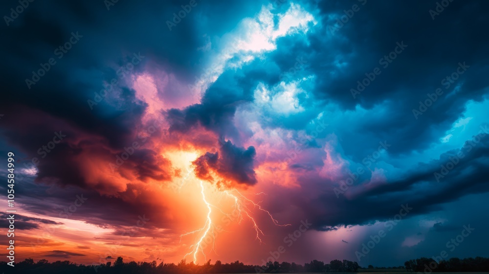 Fototapeta premium Dramatic Thunderstorm with Lightning and Colorful Clouds at Dusk