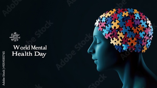 A human head with a brain composed of colorful puzzle pieces, each piece fitting together perfectly, World Mental Health Day, Generative Ai  photo