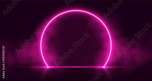 Neon arch with smoke, pink glowing portal, futuristic circle gate, magic stage with vapor. Vector illustration.