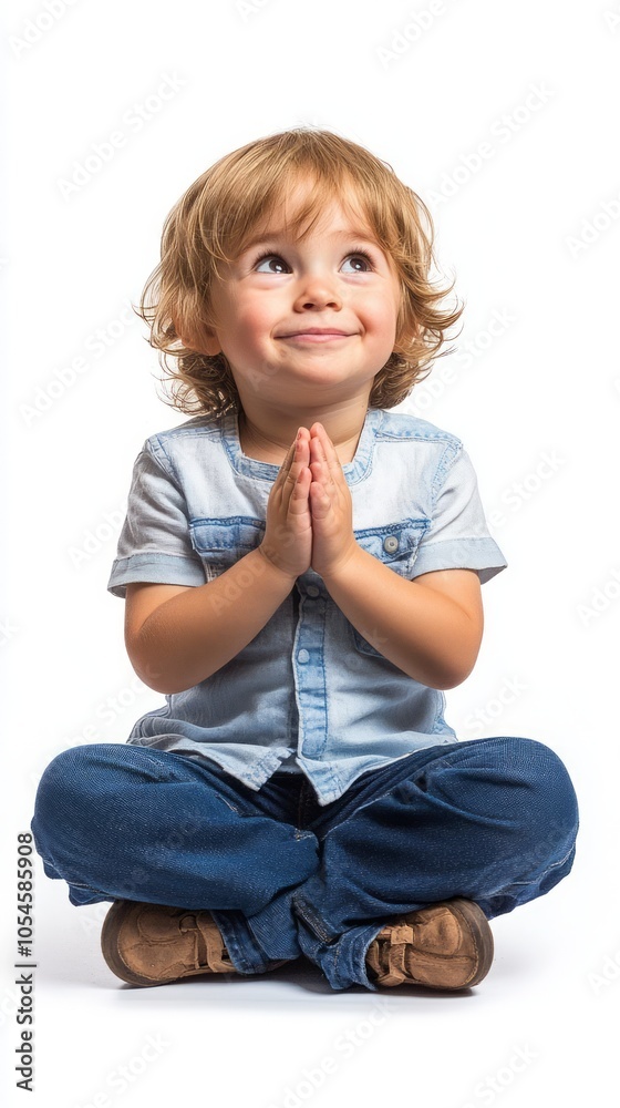 Happy Child Sitting with Hands Together in Prayer Pose Happy Child Sitting with Hands Together in Prayer Pose