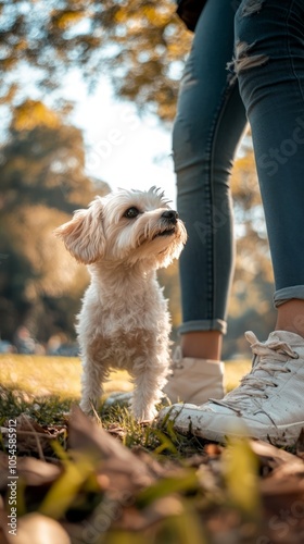 Playful Small Dog with Owner in Autumn Park
