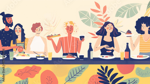 Diverse group celebrating healthy lifestyle with food and drinks, enjoying vibrant gathering