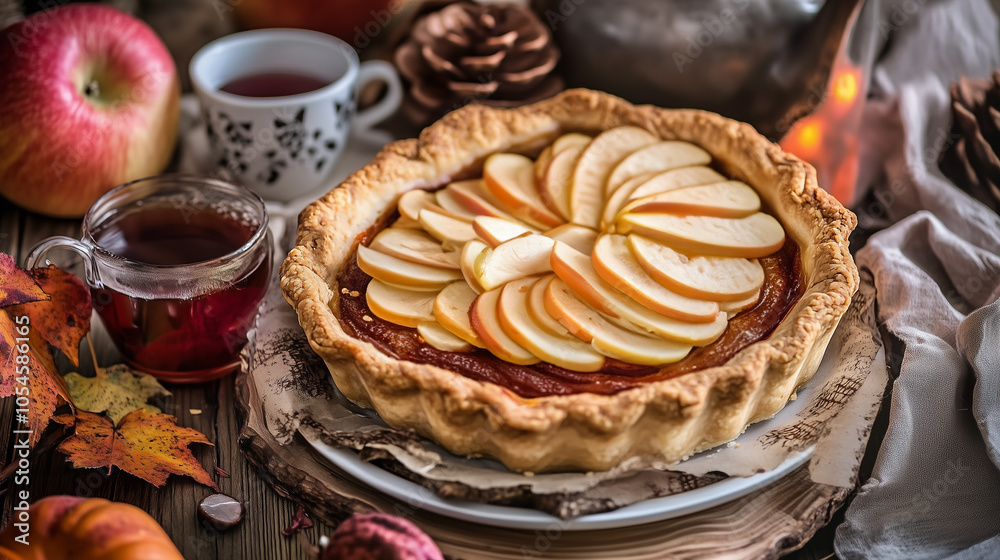 Rustic apple pie and fruit tea on a holiday table set with pinecones and candlelight. Rustic apple pie and fruit tea on a holiday table set with pinecones and candlelight.
