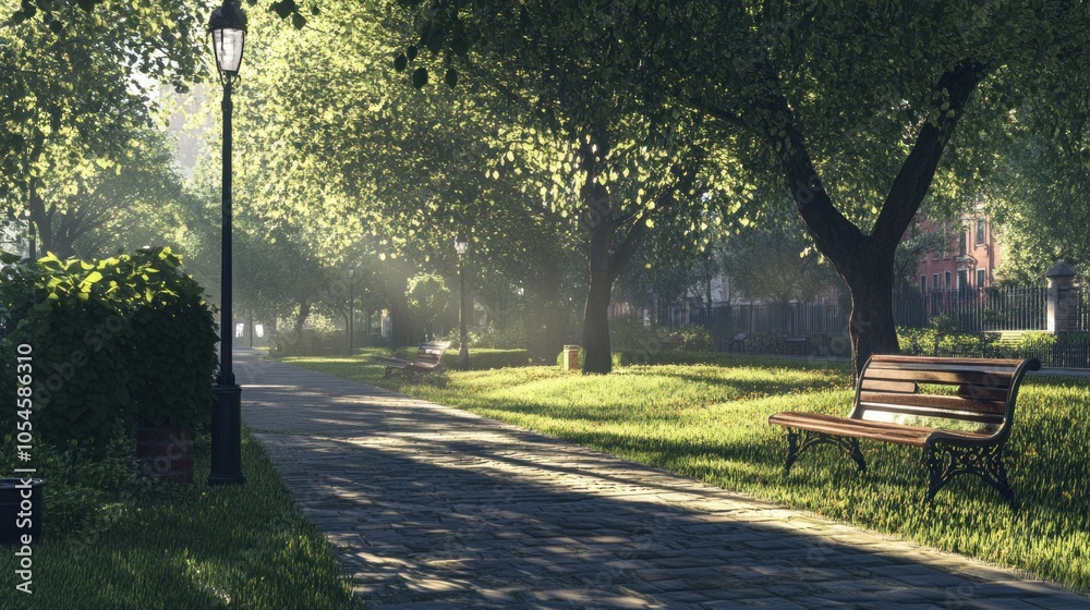 Obraz premium A paved walkway through a park on a sunny morning with lush trees and benches.