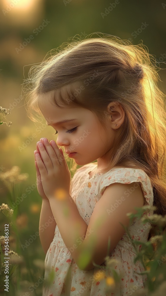 Serene Child Praying in a Sunlit Field of Flowers