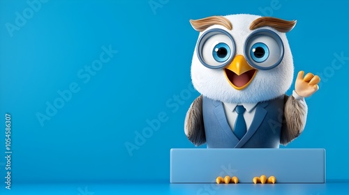 Adorable and sophisticated owl character wearing a formal business suit and standing at a podium 3D digital Concept of a smart successful and confident animal business leader or corporate presenter photo